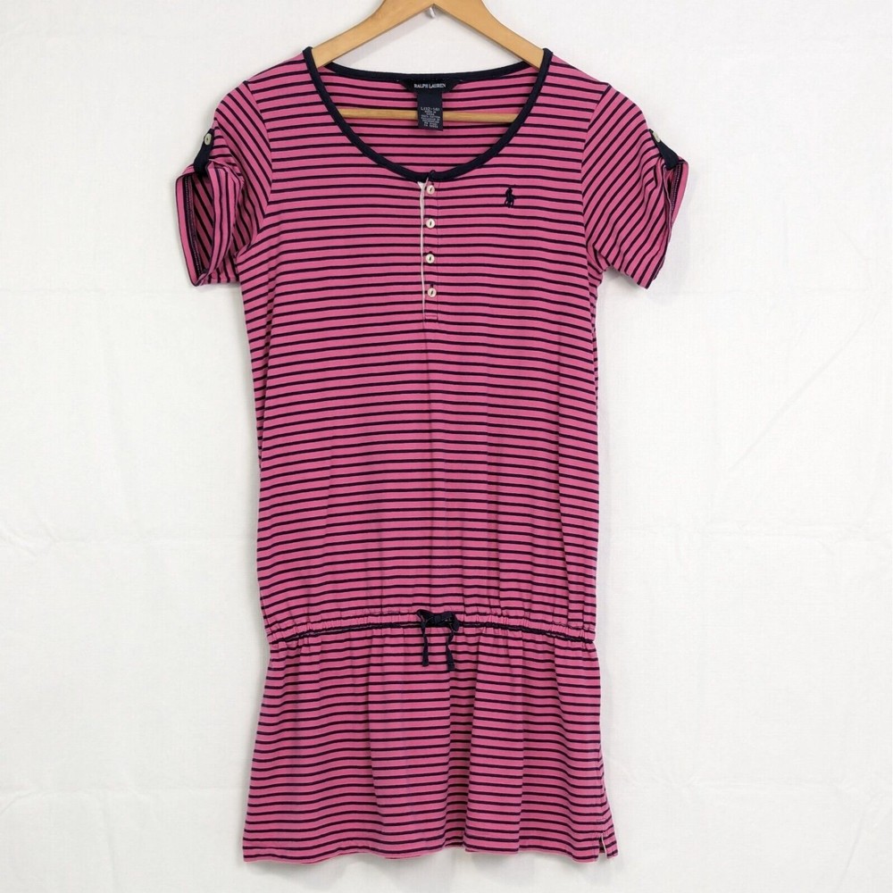 Ralph Lauren Girls Large 12-14 Pink Navy Blue Striped Short Sleeve Cotton Dress